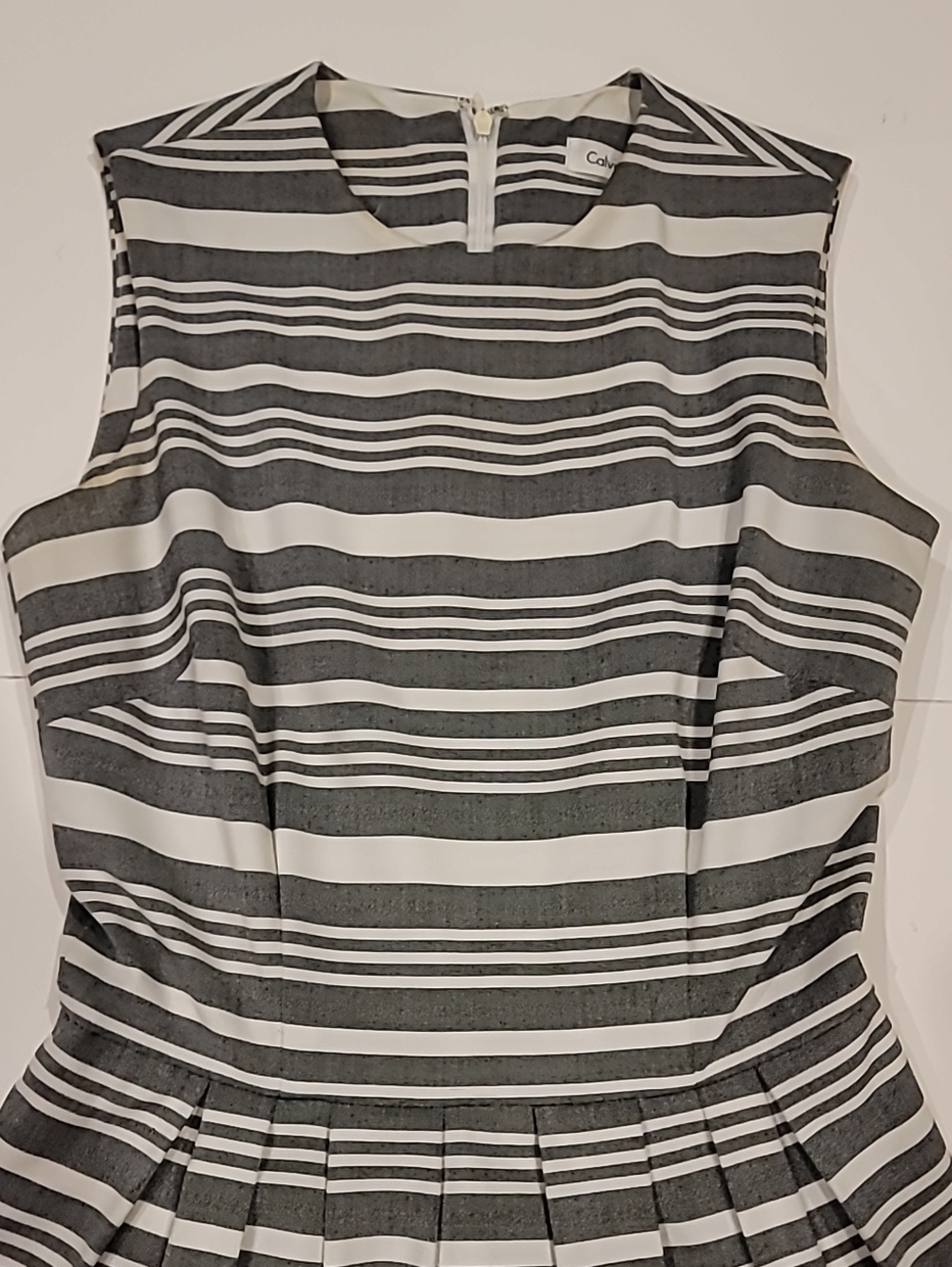 Calvin Klein Gray and White Striped Sleeveless Fit-and-Flare Dress 2 - Picture 6 of 14